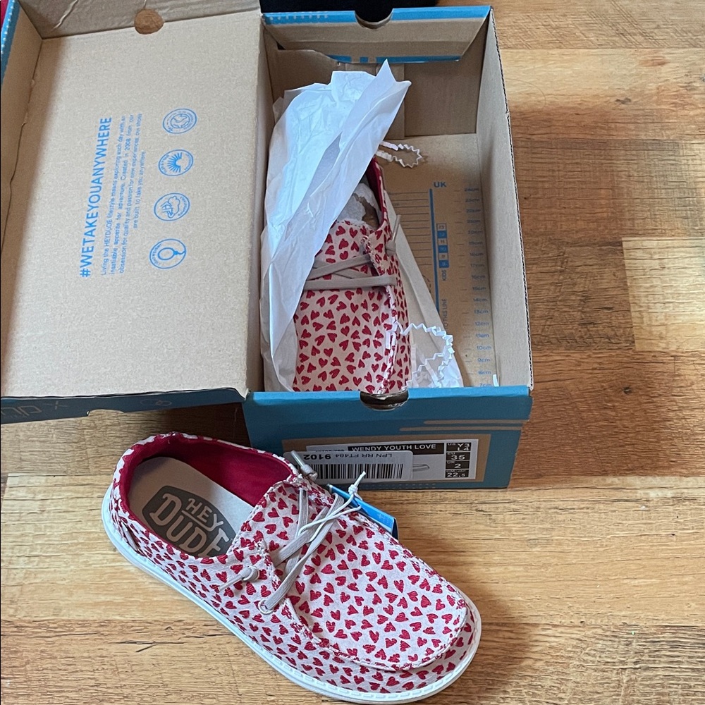 Hey Dude Kids' White and Red Heart Boat Sneakers NWT